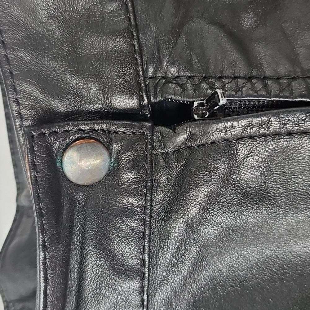 VTG Toffs Genuine Leather Black Midi Skirt w Deep Front Pockets & Back Slit Goth - Picture 8 of 9